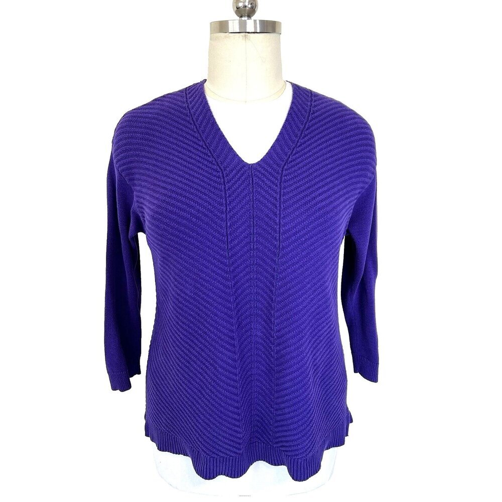 Chaps - Women's 1X Sweater V-Neck Purple Ribbed Long Sleeve Thick Knit Cotton